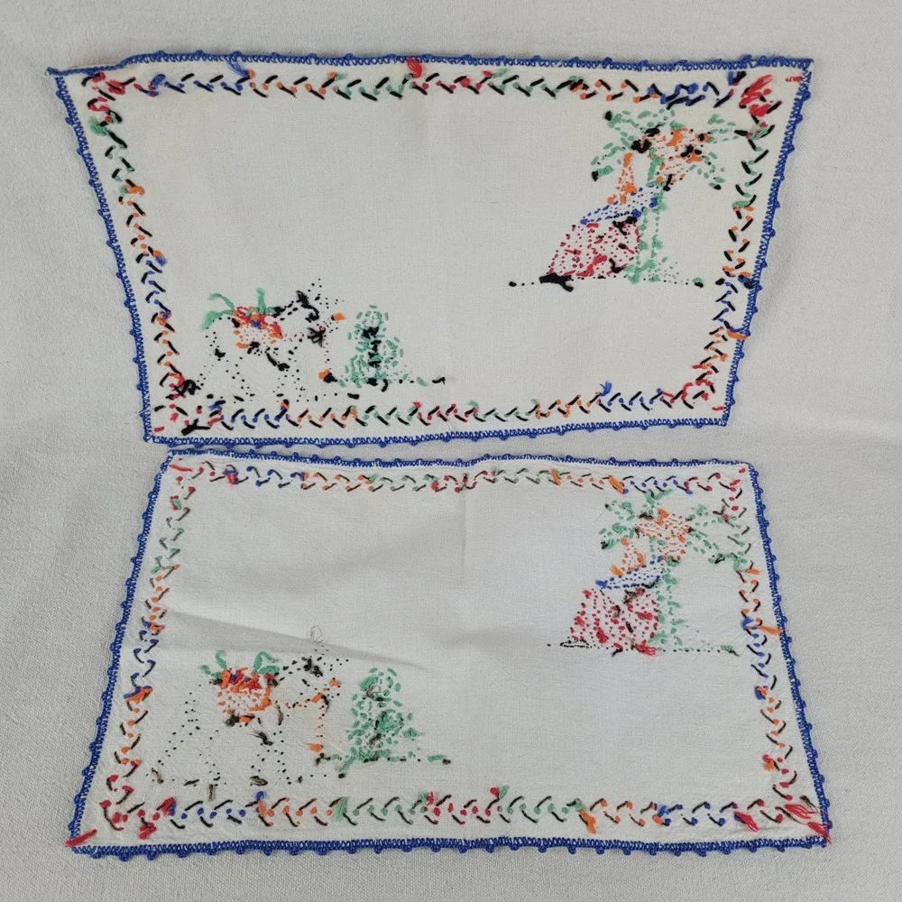 Vintage Mexican Hand Embroidered Table Linen Set 5pc Siesta‎ Donkey Folk Art